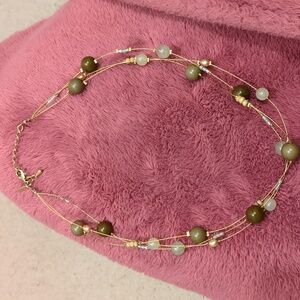 Vintage gold tone, Olive light green and gold beaded necklace.stampes NY